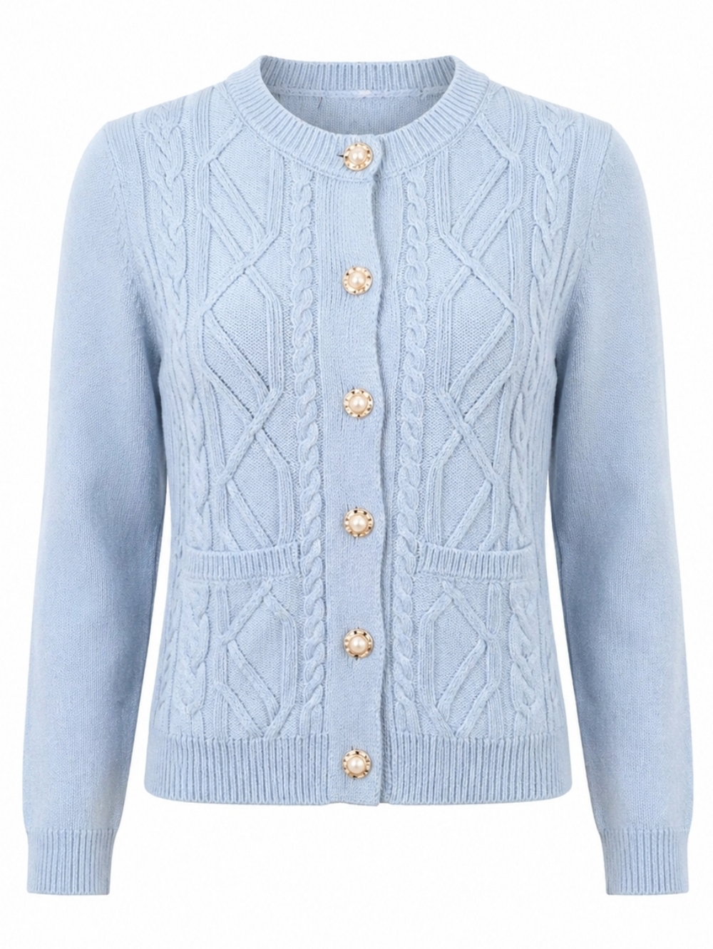 Paramour Pearl-Button Light Blue Cable Knit Soft Cardigan With Pockets Size L